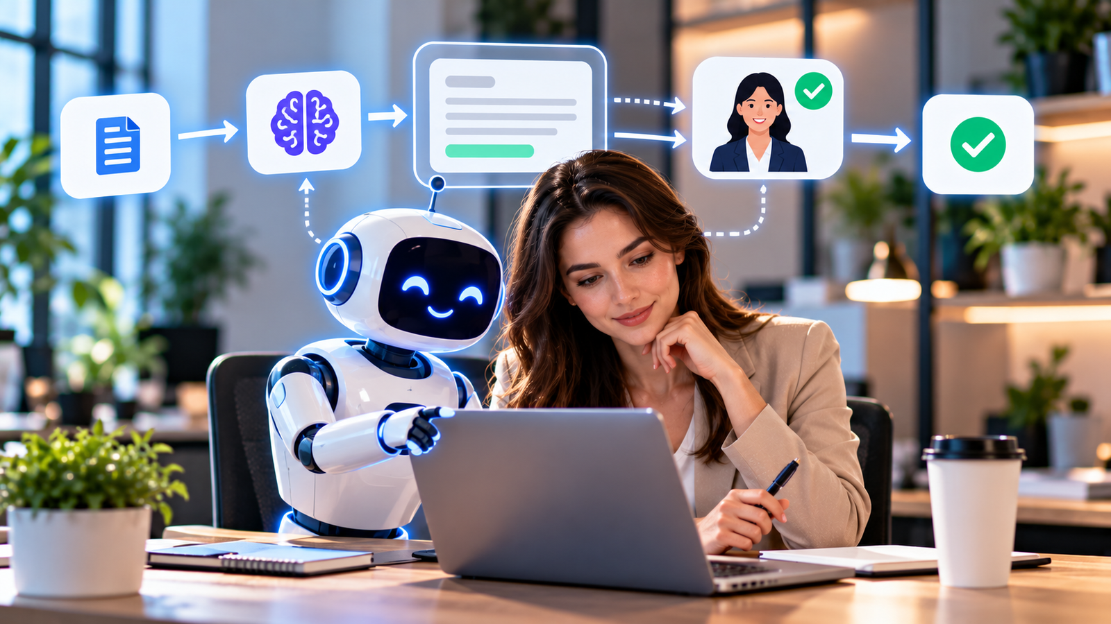 Human in the loop AI showing a business professional reviewing AI-generated work alongside an AI robot assistant, with human approval, AI governance, workflow oversight and automated decision-making controls.