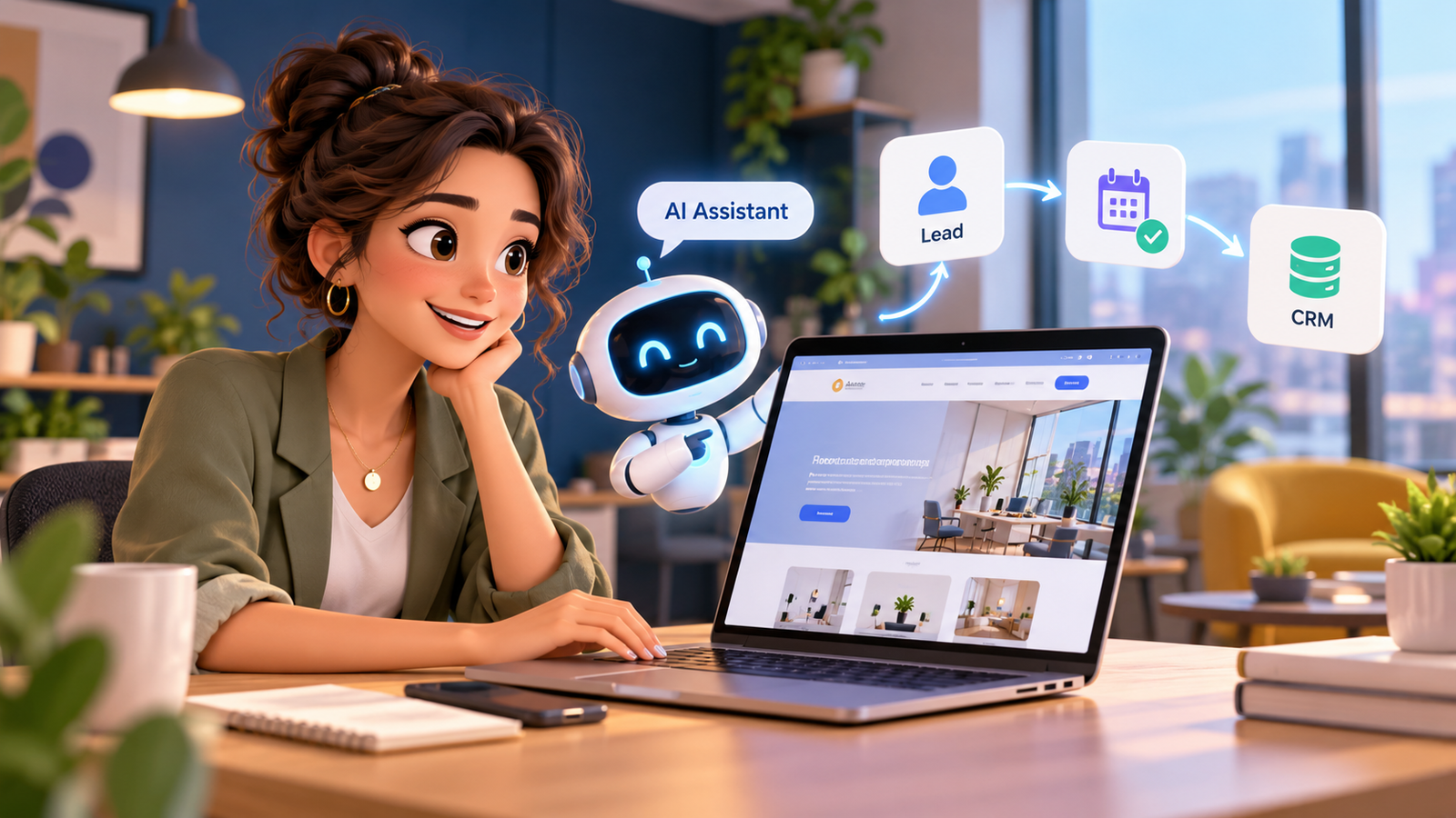 AI-powered website showing an intelligent chatbot helping visitors with enquiries, capturing and qualifying business leads, booking appointments and connecting customer information to a CRM system