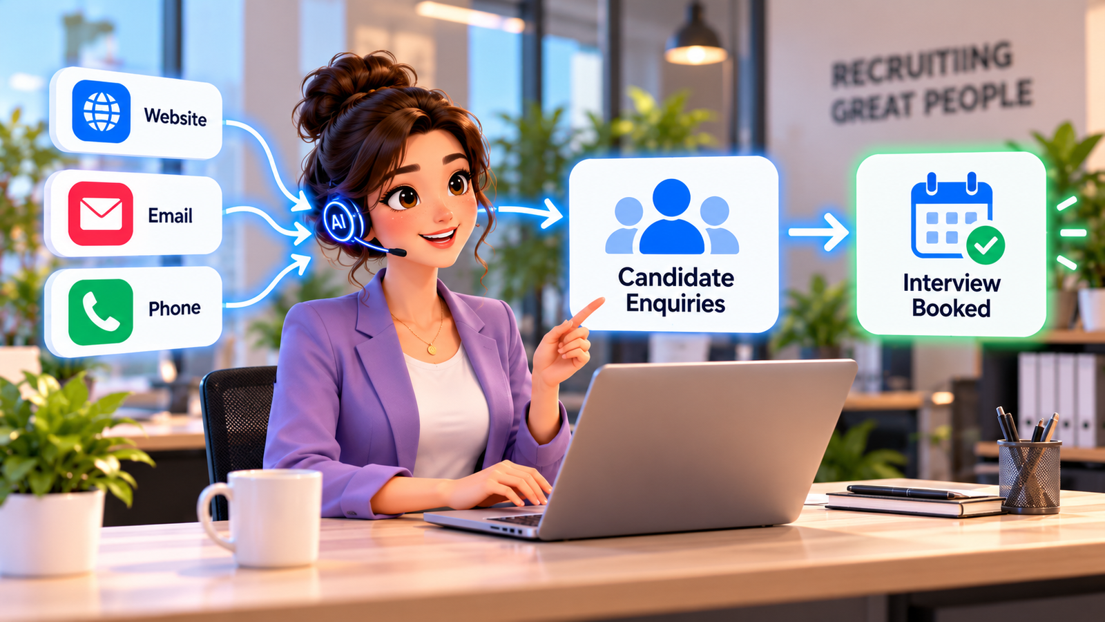 AI for recruitment agencies showing an AI recruitment assistant managing candidate applications, automated screening, interview scheduling, recruitment CRM integration, email and SMS follow-ups, candidate communication and hiring workflow
