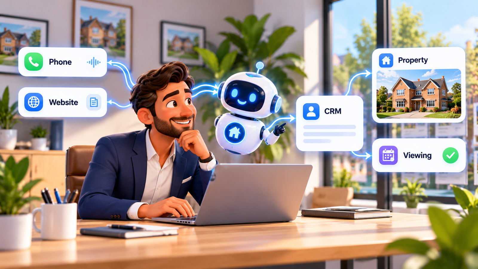AI for estate agents illustration showing property enquiries from phone, website, portals, email and WhatsApp flowing into a property CRM, with automated viewing bookings, lead matching, valuation follow-up, team notifications and an A
