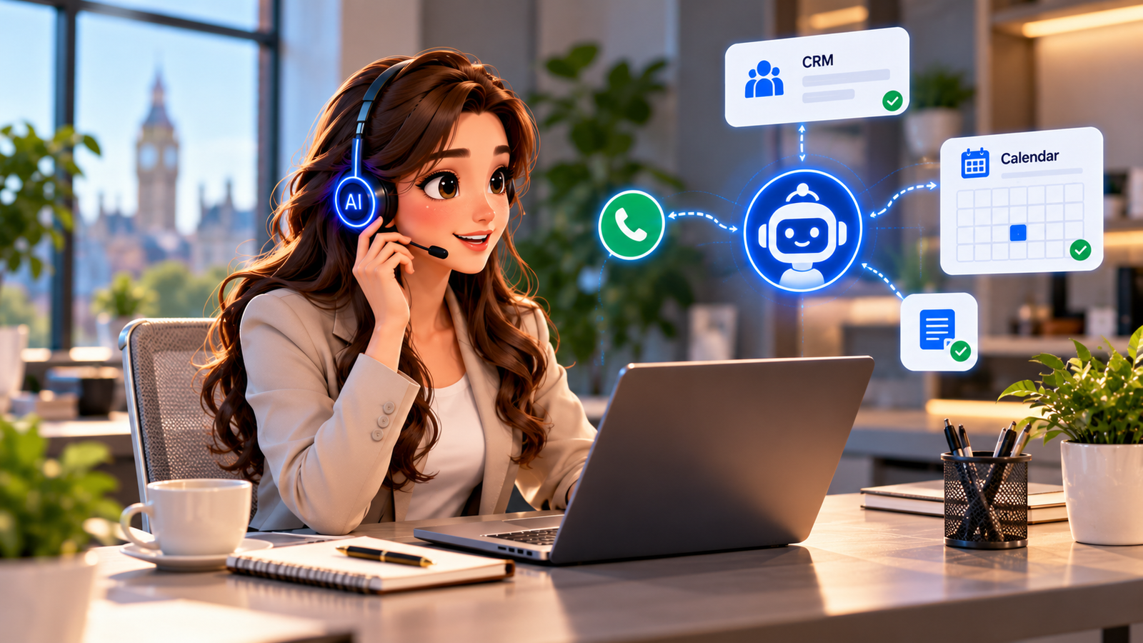 Custom AI receptionist illustration showing an AI voice assistant handling business calls, connecting customer enquiries to CRM records, managing calendar appointments and automating booking workflows in a modern UK office