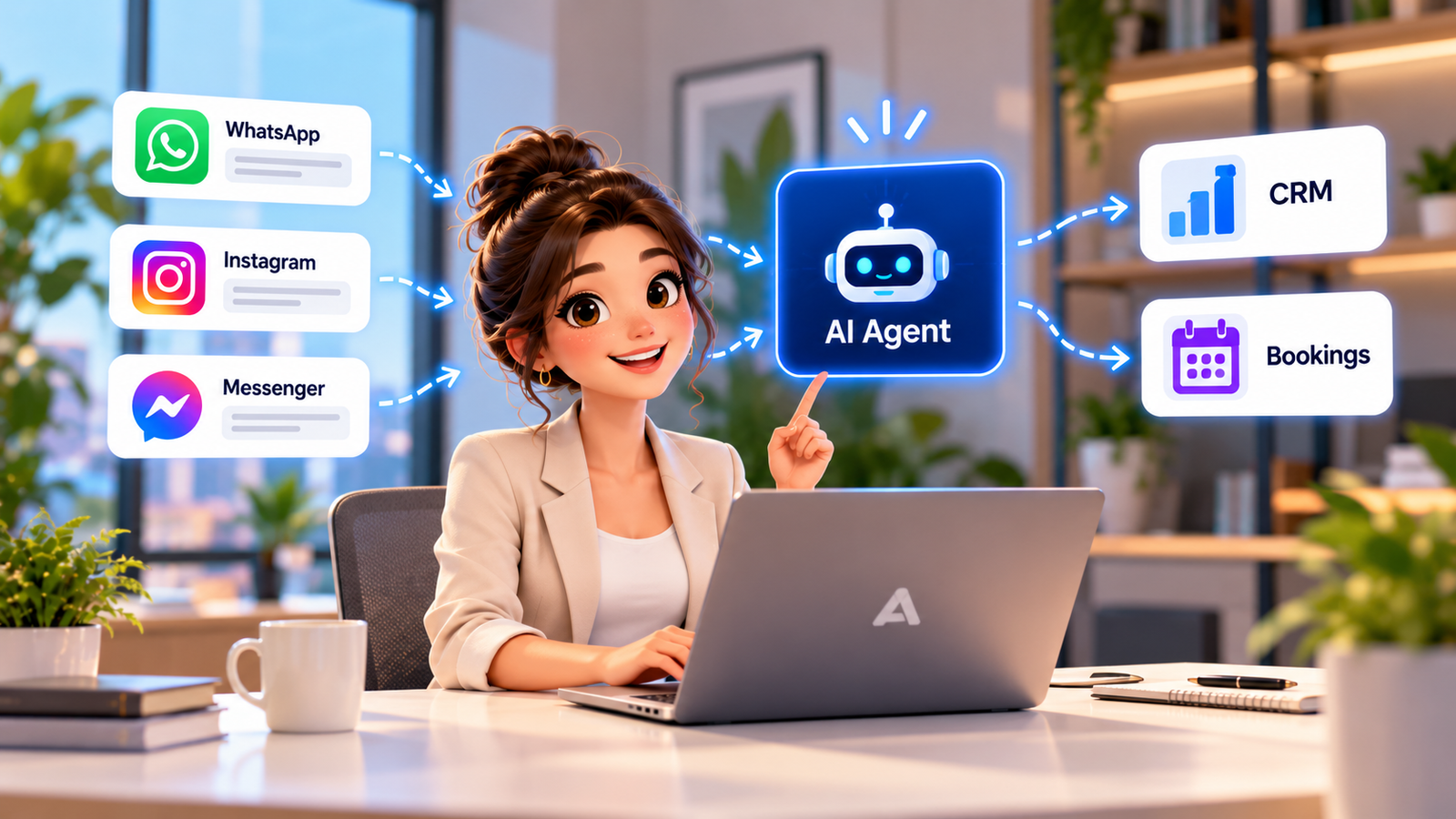 WhatsApp AI chatbot for business showing automated customer conversations across WhatsApp, Instagram DM and Facebook Messenger, with AI-powered lead qualification, appointment booking, unified inbox, CRM integration, customer follow-ups an