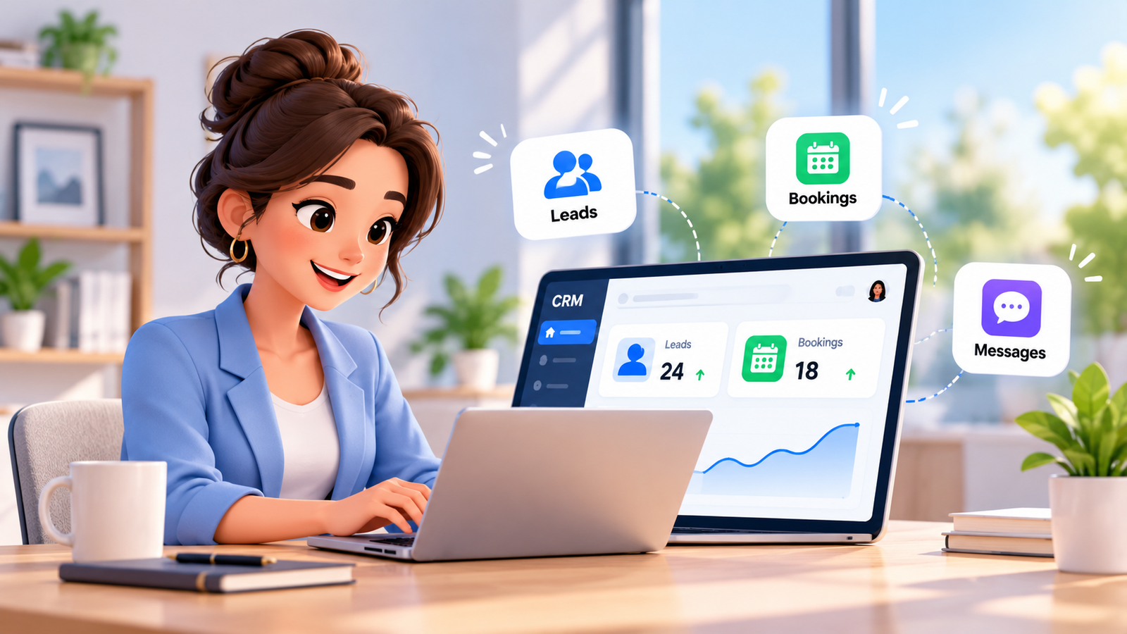 All-in-one CRM automation dashboard for small businesses showing lead management, sales pipeline, automated email and SMS follow-ups, appointment bookings, task management and business growth analytics.