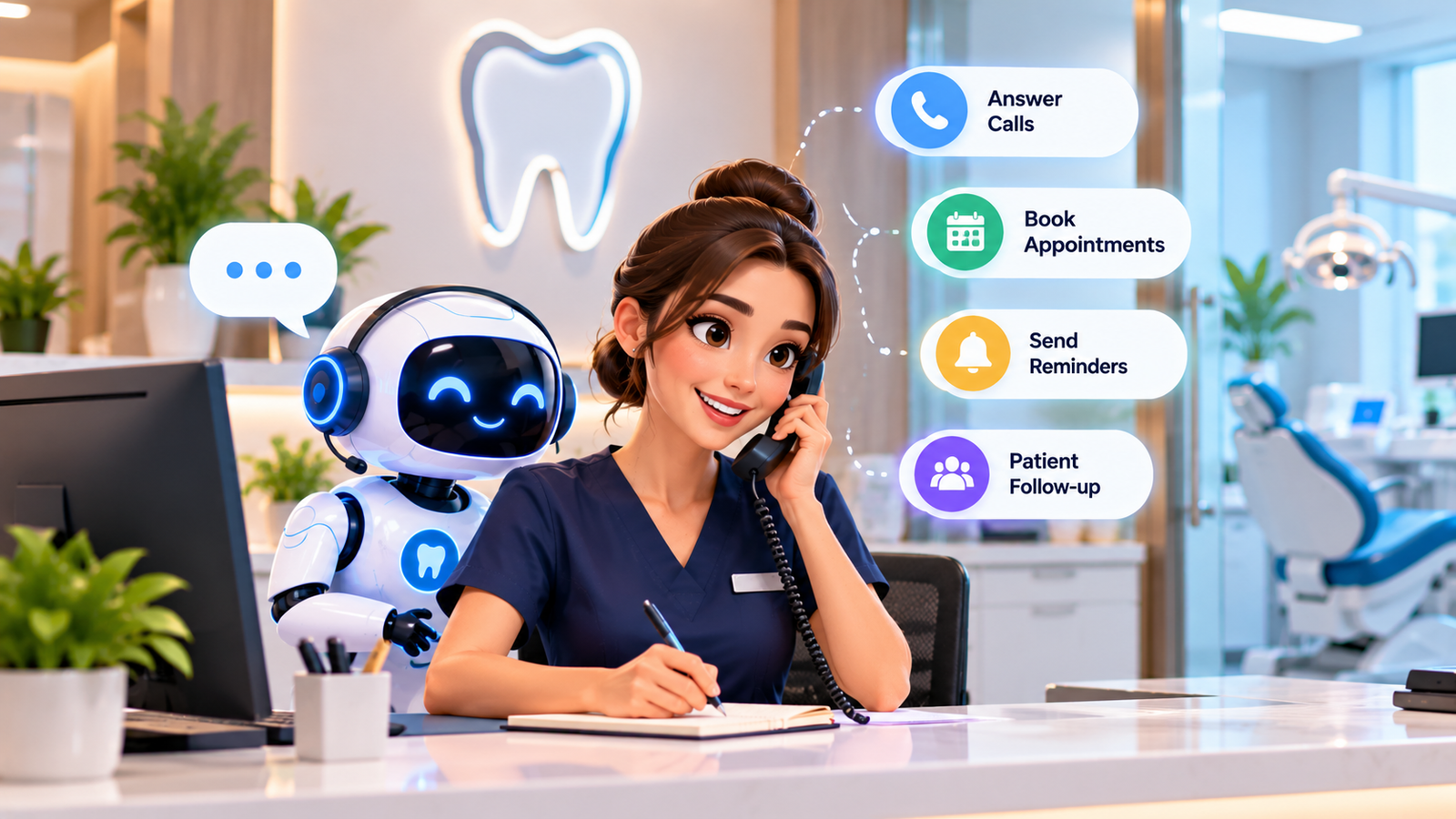 Animated AI receptionist for a UK dental practice showing a virtual AI assistant supporting a dental receptionist with patient calls, appointment booking, automated reminders and patient follow-up
