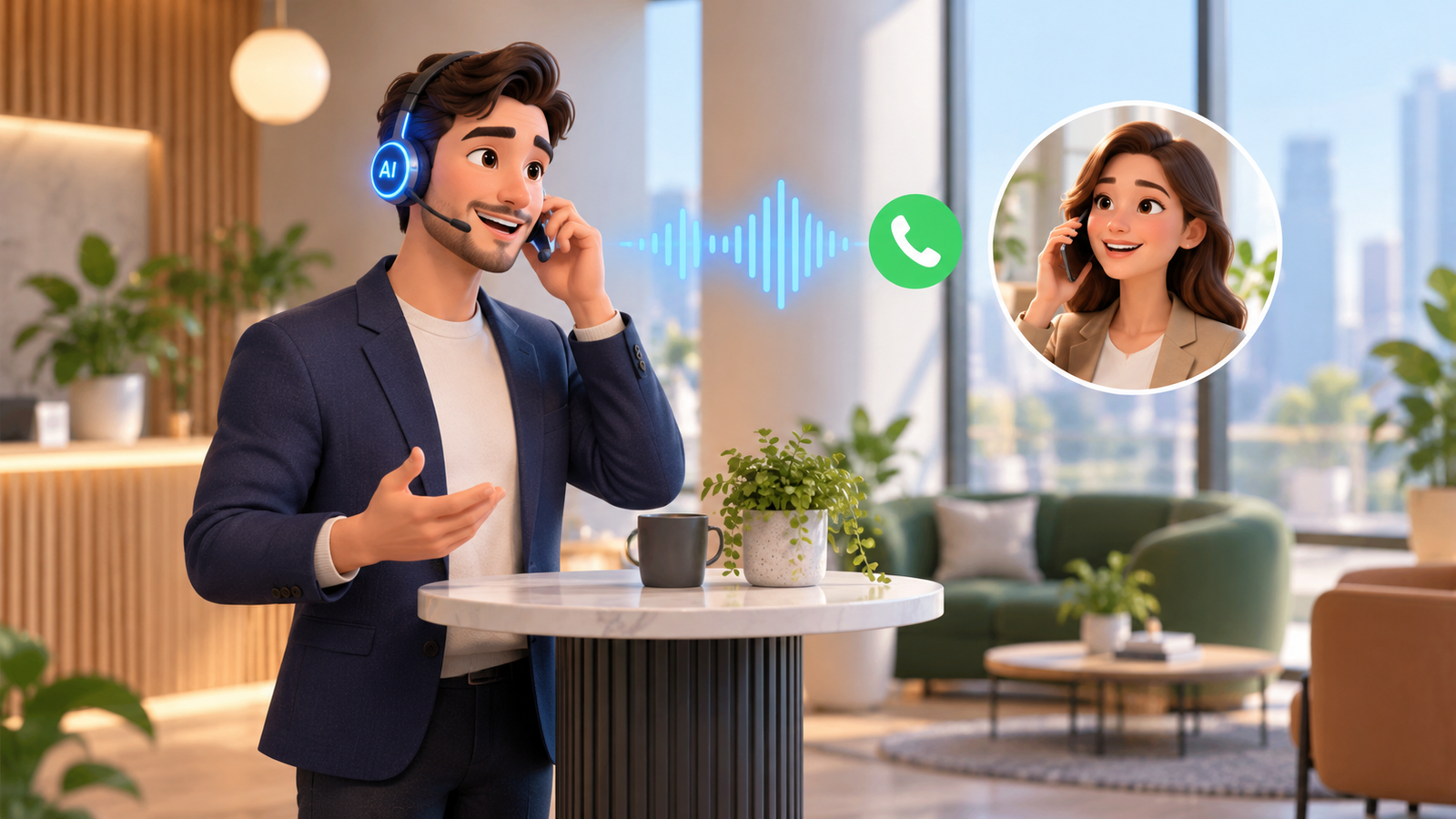 AI voice agent for business illustration showing a virtual AI assistant handling customer phone calls, supporting inbound and outbound calling, automated customer enquiries, appointment scheduling and business communication