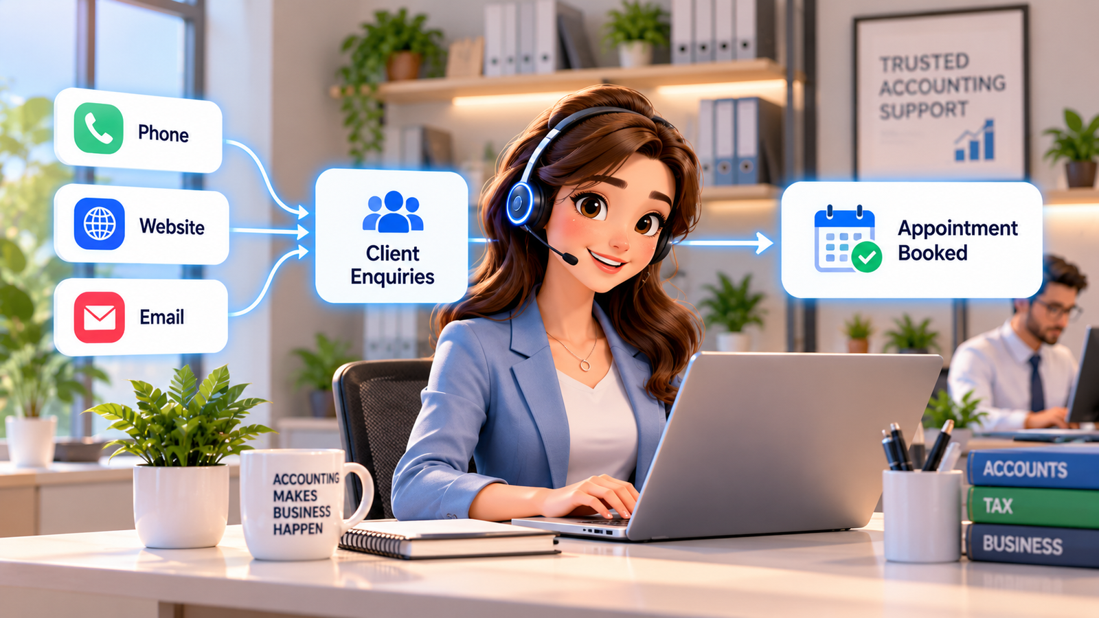 AI automation for accountants showing an AI receptionist handling client enquiries, automated email responses, secure document collection, accounting CRM integration, appointment scheduling, task reminders and client follow-up workflows