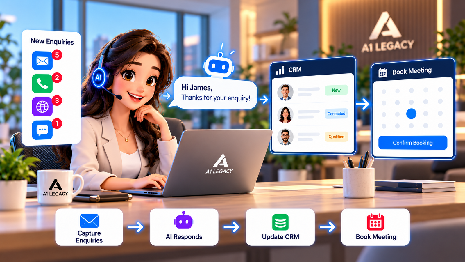AI email agent for leads showing automated email responses, AI lead qualification, CRM integration, personalised enquiry handling, meeting scheduling, human approval and sales follow-up workflows."