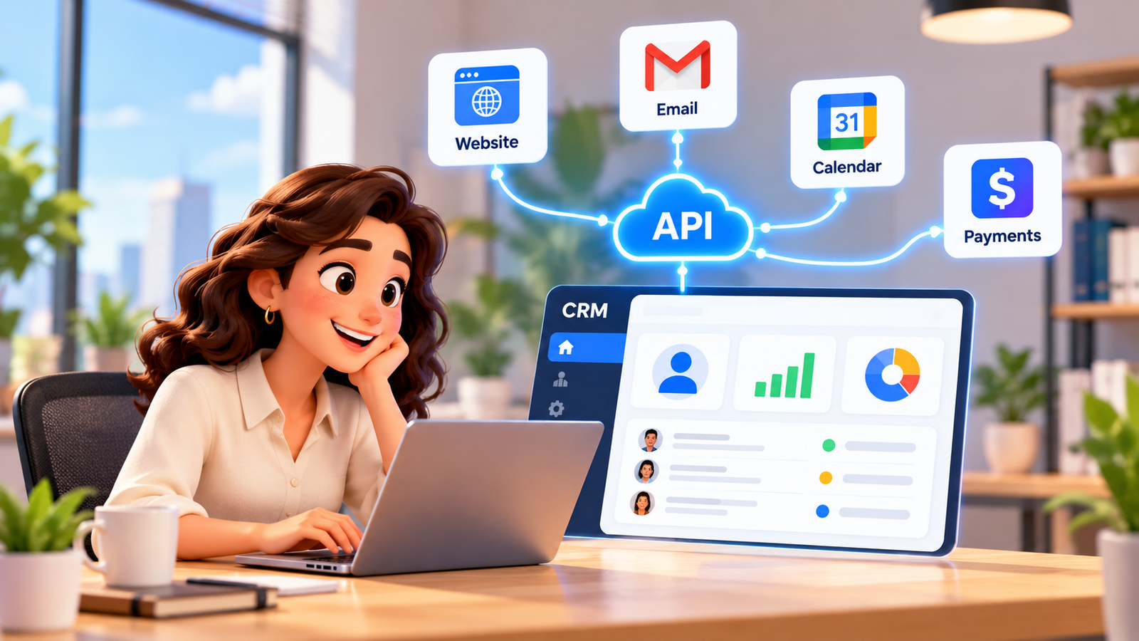 CRM integration services dashboard showing API connections with websites, email, WhatsApp, Google Calendar, accounting software and payment tools, including automated lead management, sales pipeline tracking, appointment syncing, invoicing and real-time d