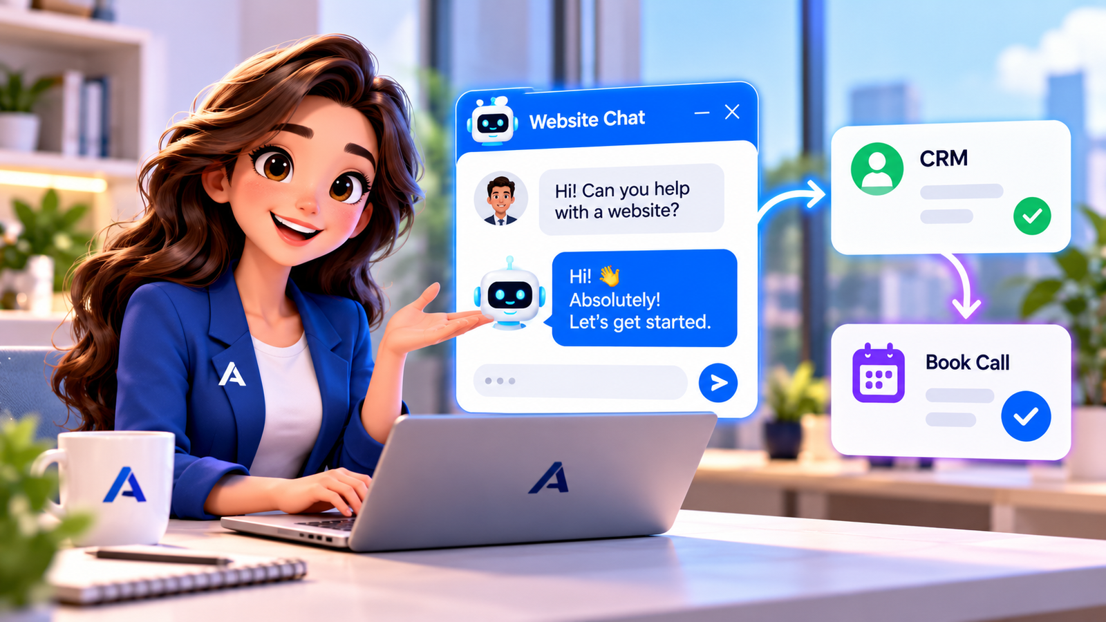 AI chatbot for website showing live website chat, automated customer support, lead qualification, CRM integration, appointment booking, human handoff and website visitor conversion workflow.