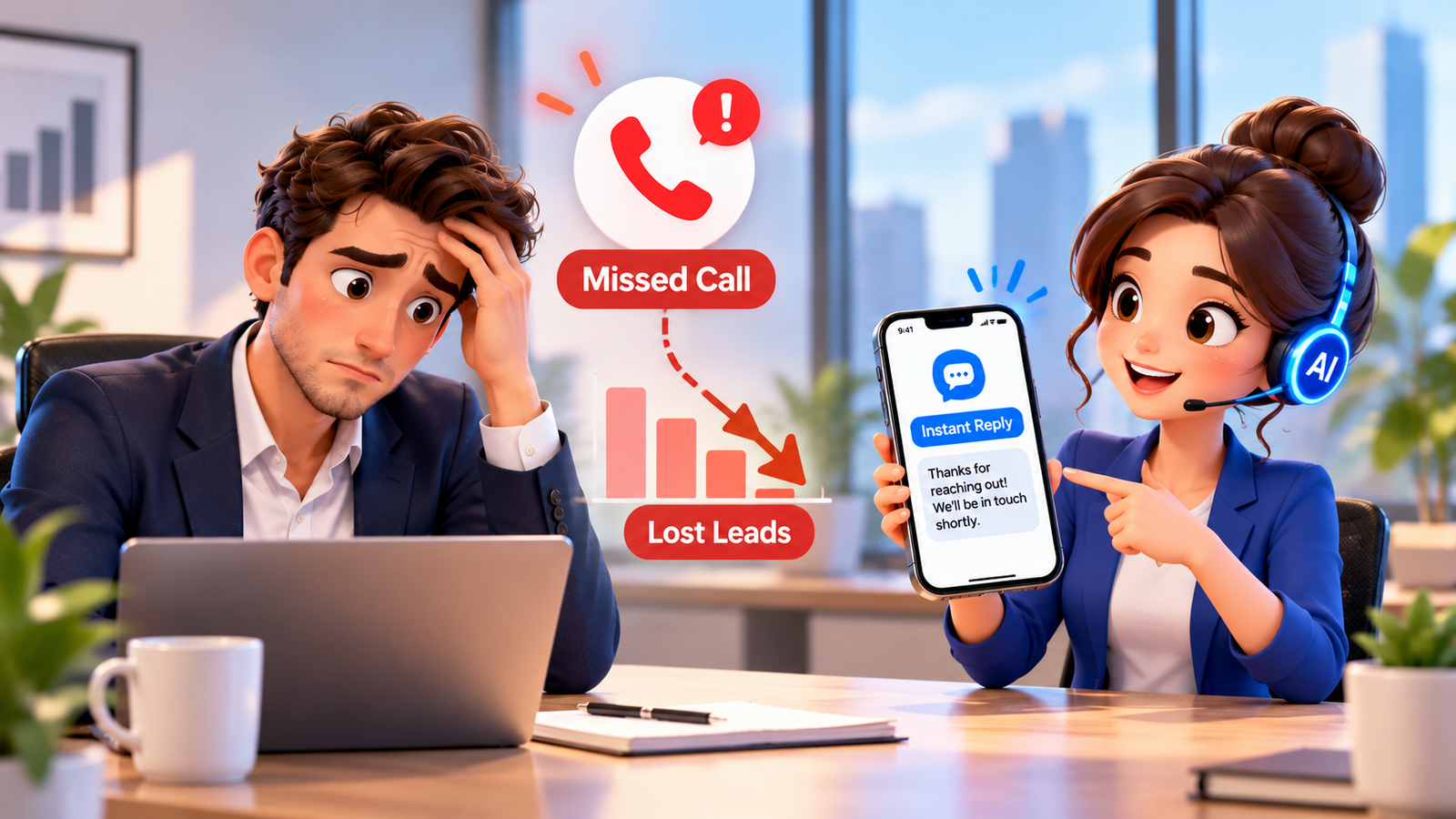 Cost of missed calls for UK businesses showing lost sales opportunities, unanswered customer calls, automated SMS responses, AI receptionist, CRM lead tracking, callback scheduling and missed call recovery workflows."