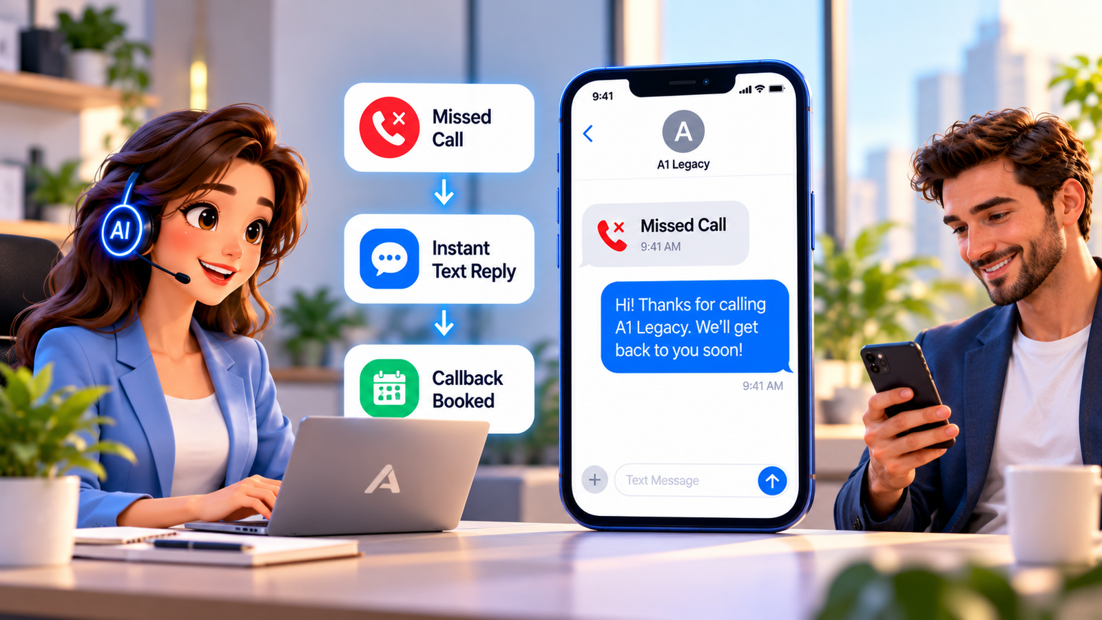 Missed call text back automation showing an AI receptionist sending automatic SMS replies to unanswered business calls, capturing customer enquiries, scheduling callbacks, updating CRM records and assigning follow-up tasks to team members.
