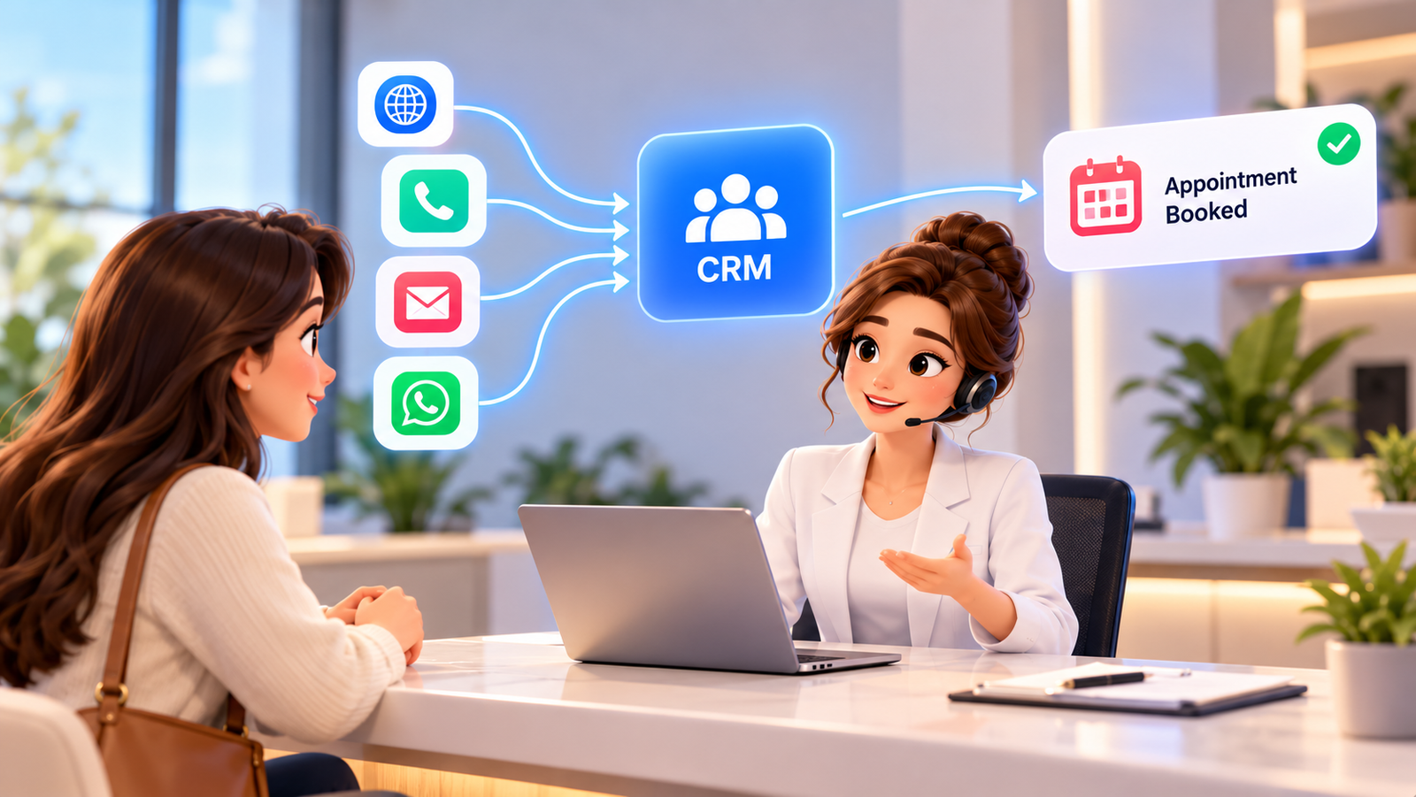 AI receptionist for aesthetic clinic showing multi-channel patient enquiries from phone, website, Instagram, WhatsApp, Facebook Messenger and email, with automated consultation booking, clinic calendar, CRM patient record, team notific