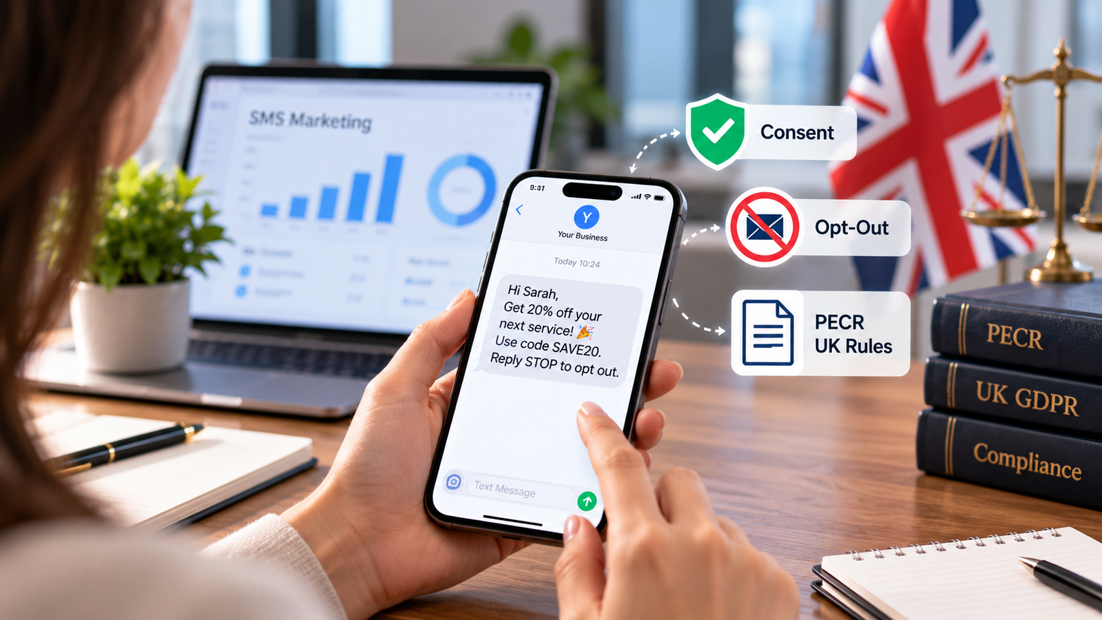 SMS marketing rules UK illustration showing a promotional text message on a smartphone, with customer consent, opt-out options, PECR regulations and UK GDPR compliance safeguards