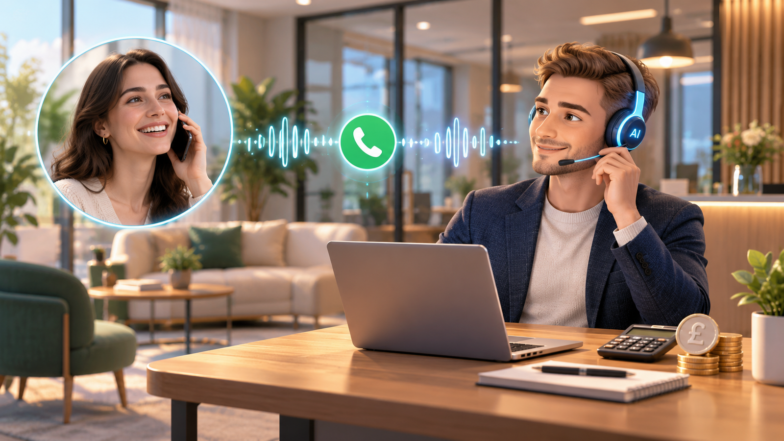 AI receptionist cost UK illustration showing a virtual AI call assistant handling customer enquiries, with a laptop, calculator and British pound coins representing AI receptionist pricing, business costs and return on investment (ROI)
