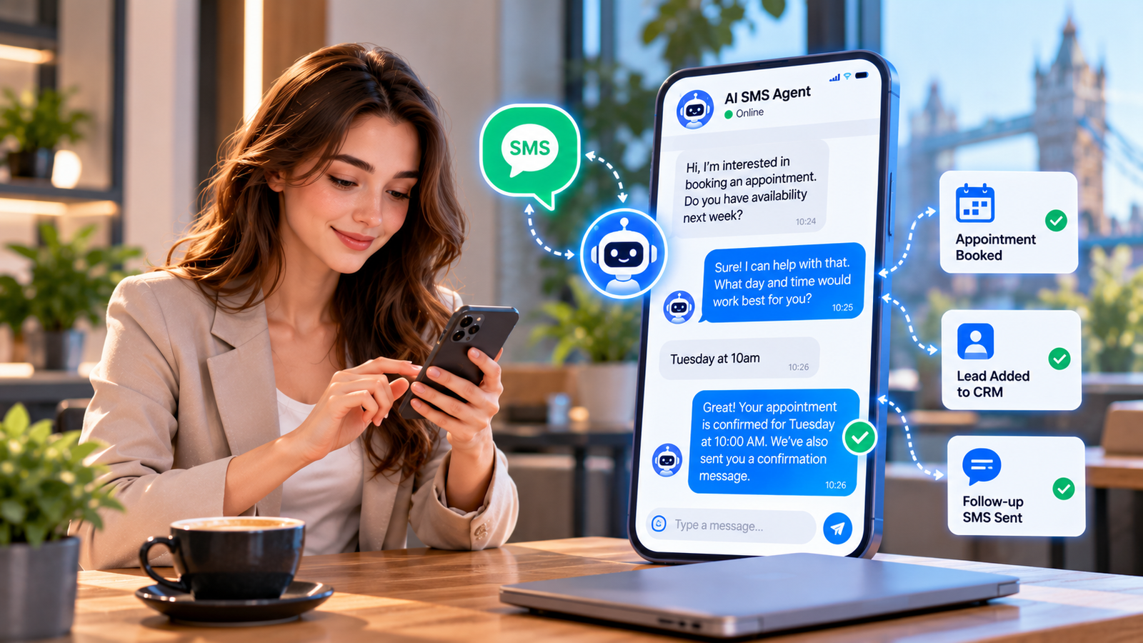 AI SMS agent for UK businesses showing two-way text messaging, automated customer enquiries, appointment booking, lead capture, CRM integration and SMS follow-up automation