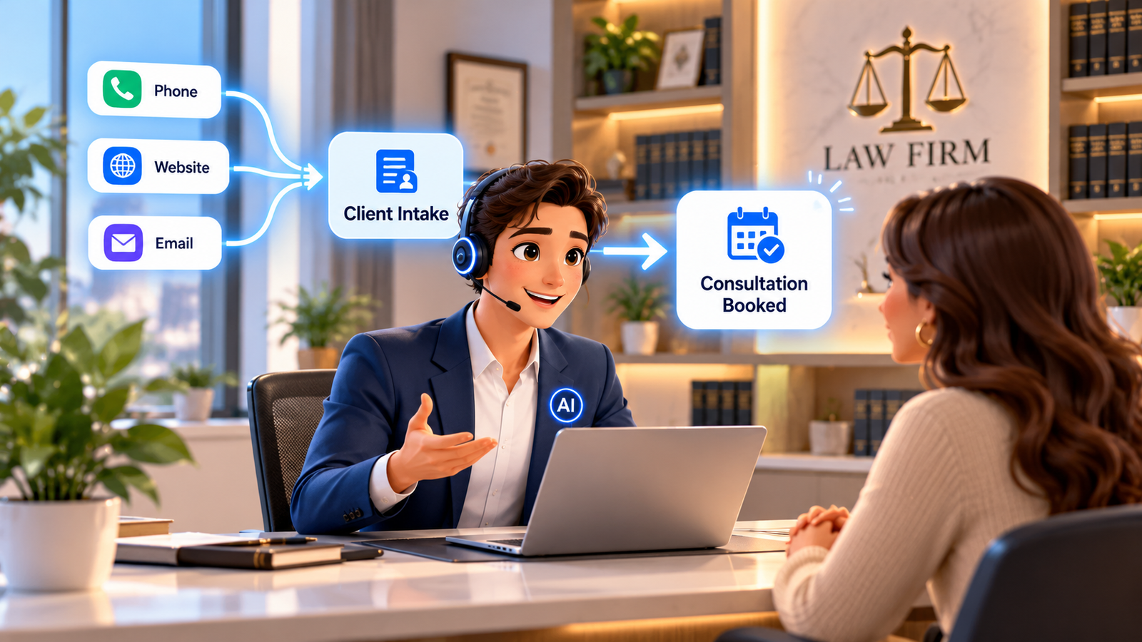 AI client intake for law firms showing an AI receptionist managing phone calls, website enquiries, emails, WhatsApp and live chat, with automated consultation booking, legal CRM integration, solicitor conflict checks, team notifications an