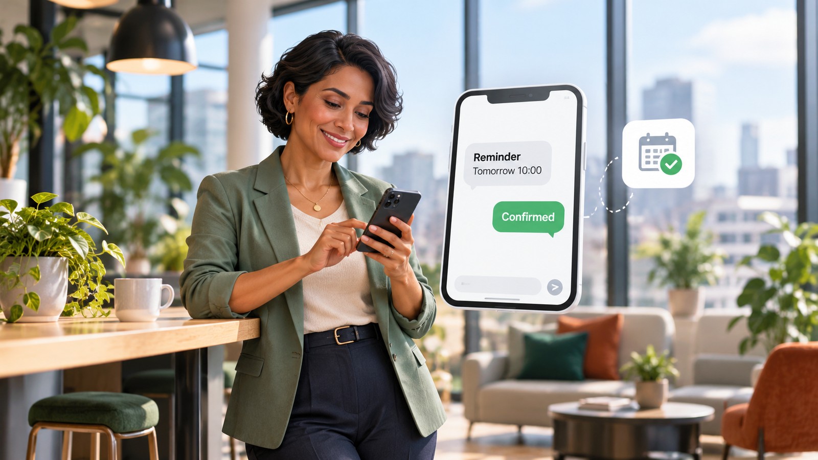 SMS automation for business showing a customer receiving an automated appointment reminder and confirming the booking via text message on a smartphone