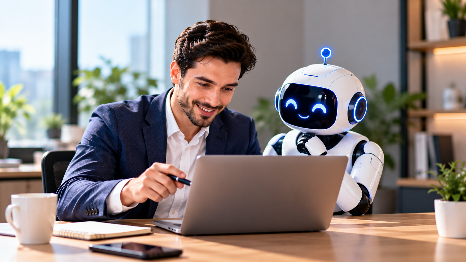 How to implement AI in business showing a professional collaborating with an AI robot assistant on a laptop, representing AI integration, business process automation and digital transformation