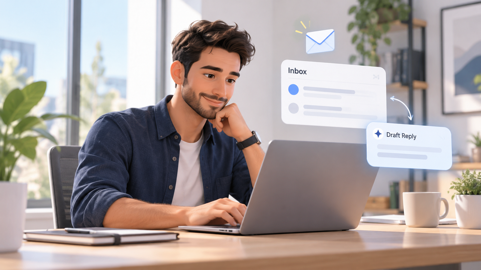 AI email assistant for business showing a professional using AI-powered inbox management to organise customer emails, generate draft replies and automate email responses