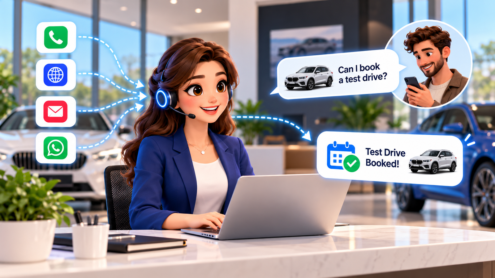 AI for car dealerships showing an AI receptionist handling customer enquiries, vehicle availability checks, automated test drive bookings, garage service appointments, MOT reminders, dealership CRM integration and sales follow-up workflows