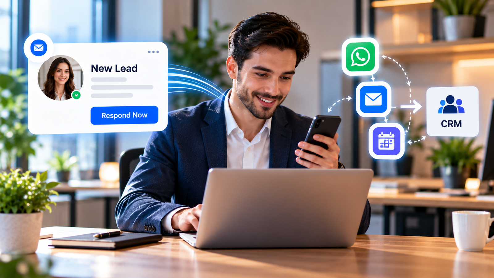 Speed to lead automation showing a business professional responding instantly to a new customer enquiry on a smartphone, with automated lead notifications, WhatsApp and email follow-ups, appointment scheduling and CRM integration.