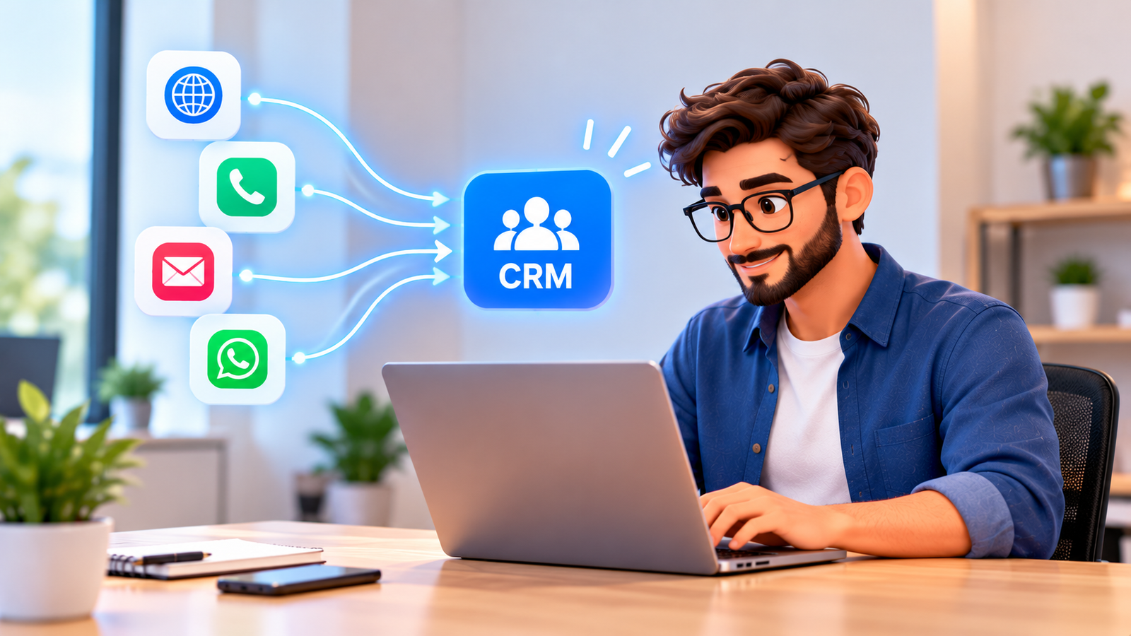 Lead management system dashboard showing multi-channel lead capture from website forms, phone calls, email, WhatsApp and social media, with lead tracking, unified inbox, sales pipeline management, task assignments and lead source analytics.
