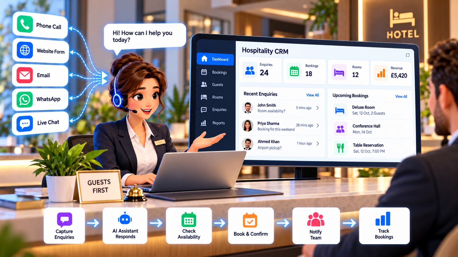AI for hospitality showing an AI receptionist managing restaurant reservations, hotel booking enquiries, event requests and gym membership enquiries, with automated availability checks, booking confirmations, team assignment and guest