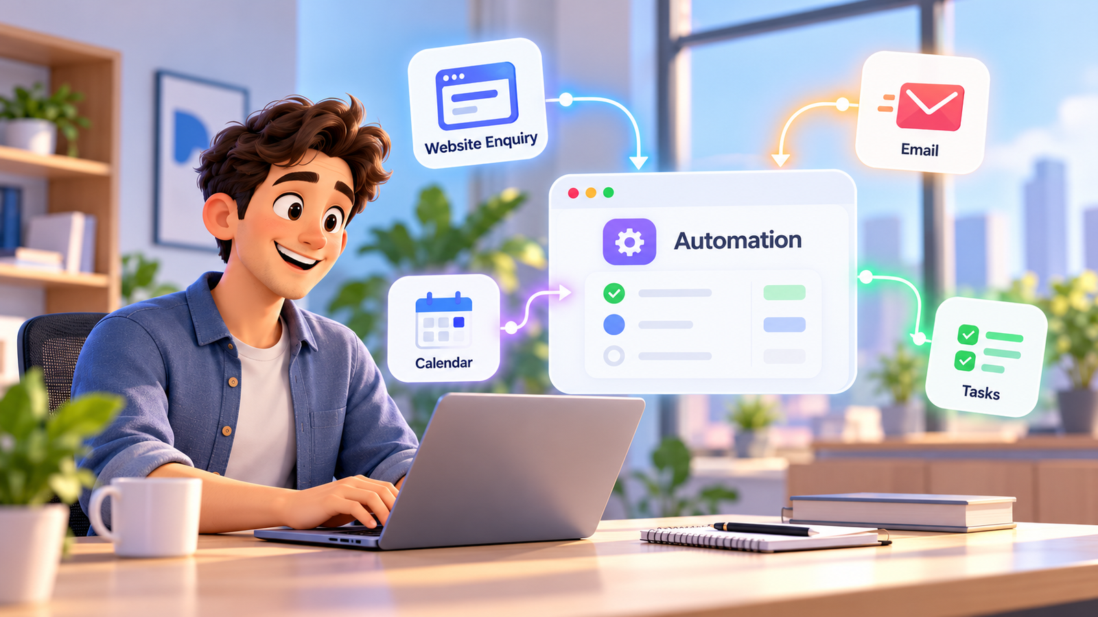 n8n automation agency workflow dashboard showing website enquiries, CRM, email, calendar, AI agents, messaging, accounting and notifications connected through automated business workflows with monitoring, human approval and self-hosted or cloud deployment