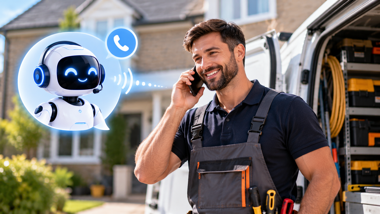 AI receptionist for tradesmen showing a professional plumber speaking with a customer on the phone during a plumbing job, representing automated call answering, customer enquiries, job bookings and lead management for UK trades businesses