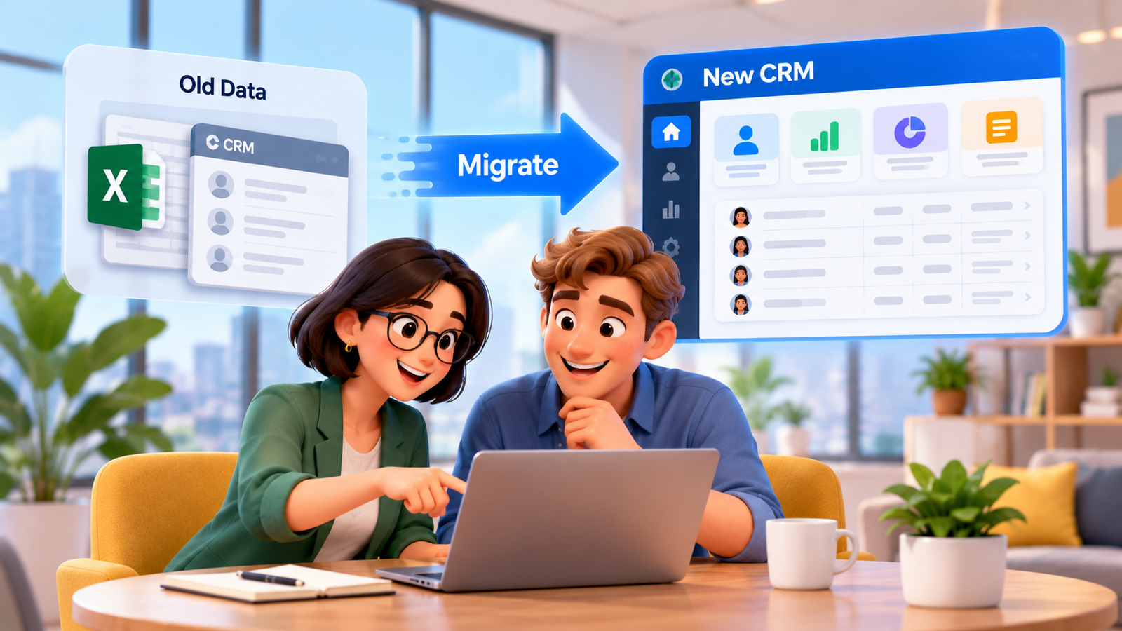 CRM migration process showing data transfer from spreadsheets and an old CRM to a new system, including data cleaning, field mapping, test imports, CRM setup, sales pipeline configuration, team onboarding and successful implementation
