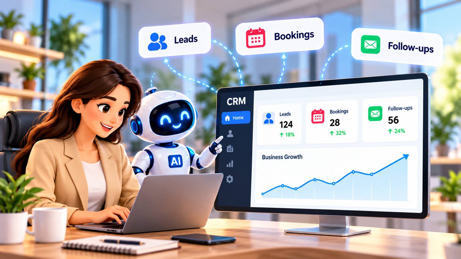 AI CRM for small business dashboard showing AI lead scoring, automated call summaries, AI sales assistant, email and SMS automation, appointment booking, customer management and sales performance analytics
